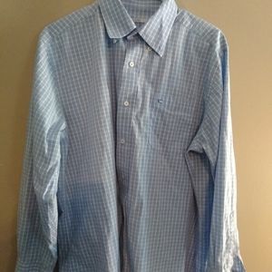 Blue and white plaid button on collar shirt